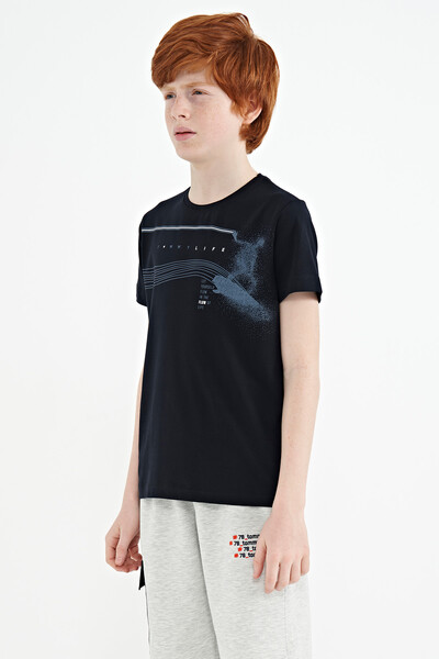 Tommylife Wholesale 7-15 Age Crew Neck Standard Fit Printed Boys' T-Shirt 11133 Navy Blue - Thumbnail