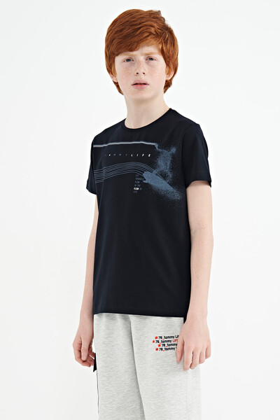 Tommylife Wholesale 7-15 Age Crew Neck Standard Fit Printed Boys' T-Shirt 11133 Navy Blue - Thumbnail