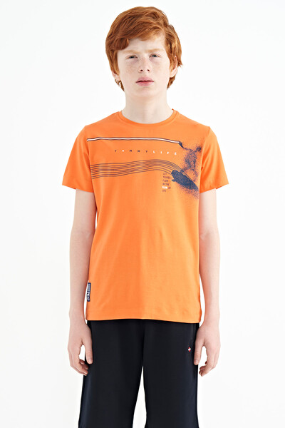 Tommylife Wholesale 7-15 Age Crew Neck Standard Fit Printed Boys' T-Shirt 11133 Orange - Thumbnail