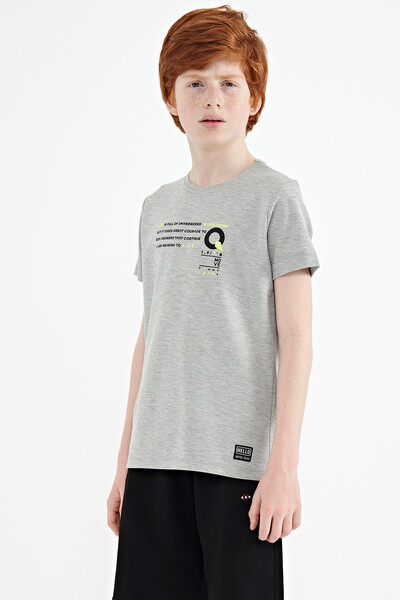 Tommylife Wholesale 7-15 Age Crew Neck Standard Fit Printed Boys' T-Shirt 11145 Gray Melange - Thumbnail