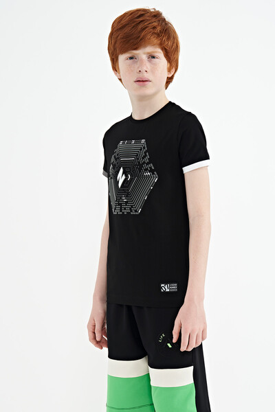 Tommylife Wholesale 7-15 Age Crew Neck Standard Fit Printed Boys' T-Shirt 11156 Black - Thumbnail