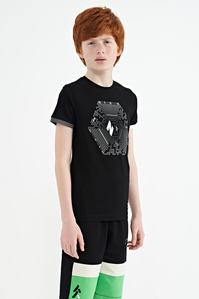 Tommylife Wholesale 7-15 Age Crew Neck Standard Fit Printed Boys' T-Shirt 11156 Black - Thumbnail