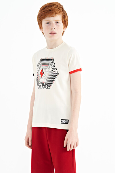 Tommylife Wholesale 7-15 Age Crew Neck Standard Fit Printed Boys' T-Shirt 11156 Ecru - Thumbnail