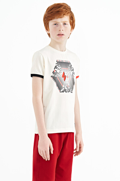 Tommylife Wholesale 7-15 Age Crew Neck Standard Fit Printed Boys' T-Shirt 11156 Ecru - Thumbnail