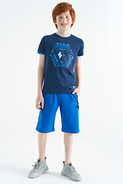 Tommylife Wholesale 7-15 Age Crew Neck Standard Fit Printed Boys' T-Shirt 11156 Indigo - Thumbnail