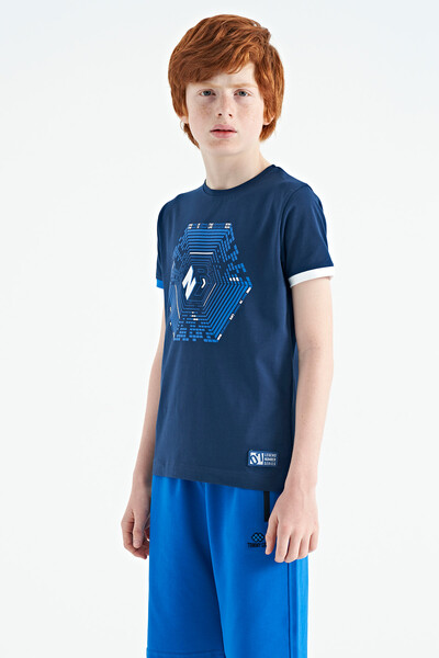 Tommylife Wholesale 7-15 Age Crew Neck Standard Fit Printed Boys' T-Shirt 11156 Indigo - Thumbnail