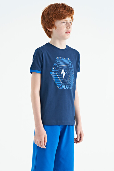 Tommylife Wholesale 7-15 Age Crew Neck Standard Fit Printed Boys' T-Shirt 11156 Indigo - Thumbnail