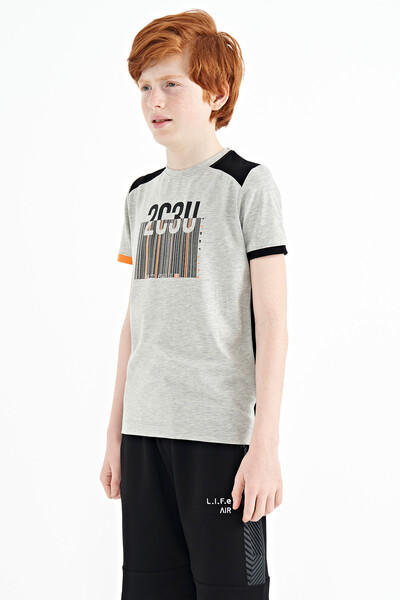 Tommylife Wholesale 7-15 Age Crew Neck Standard Fit Printed Boys' T-Shirt 11157 Gray Melange - Thumbnail