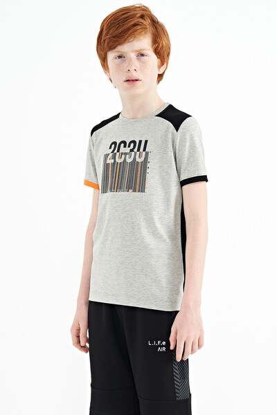 Tommylife Wholesale 7-15 Age Crew Neck Standard Fit Printed Boys' T-Shirt 11157 Gray Melange - Thumbnail