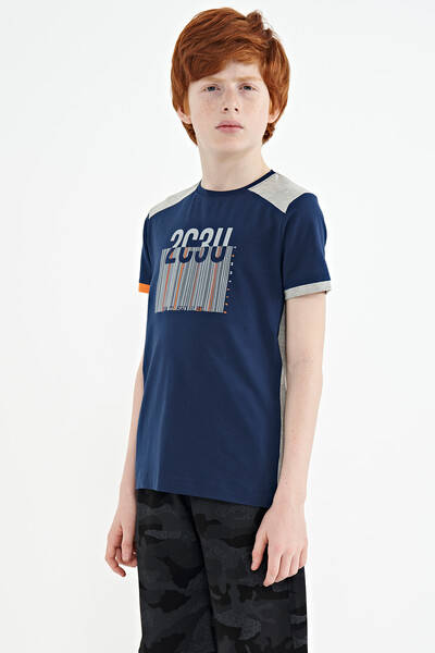 Tommylife Wholesale 7-15 Age Crew Neck Standard Fit Printed Boys' T-Shirt 11157 Indigo - Thumbnail