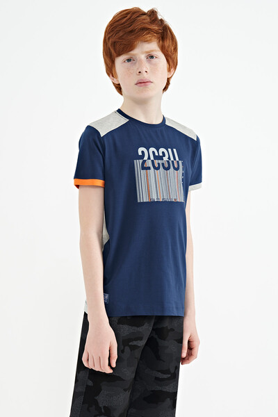 Tommylife Wholesale 7-15 Age Crew Neck Standard Fit Printed Boys' T-Shirt 11157 Indigo - Thumbnail