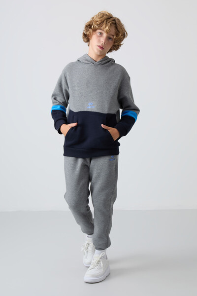 Tommylife Wholesale 7-15 Age Hooded Boys' Tracksuit Set 11255 Gray Melange - Thumbnail