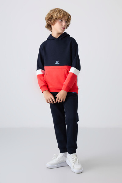 Tommylife Wholesale 7-15 Age Hooded Boys' Tracksuit Set 11255 Navy Blue - Thumbnail