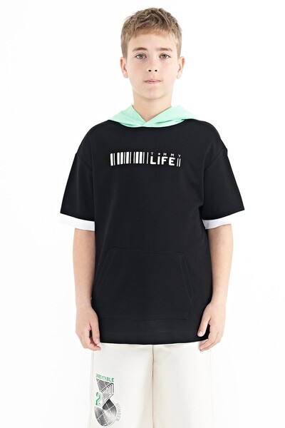 Tommylife Wholesale 7-15 Age Hooded Oversize Boys' T-Shirt 11148 Black - Thumbnail