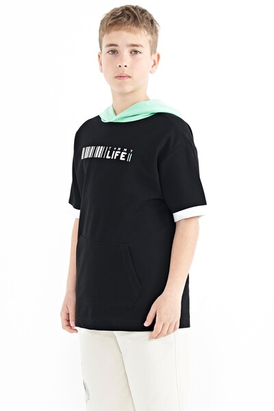 Tommylife Wholesale 7-15 Age Hooded Oversize Boys' T-Shirt 11148 Black - Thumbnail