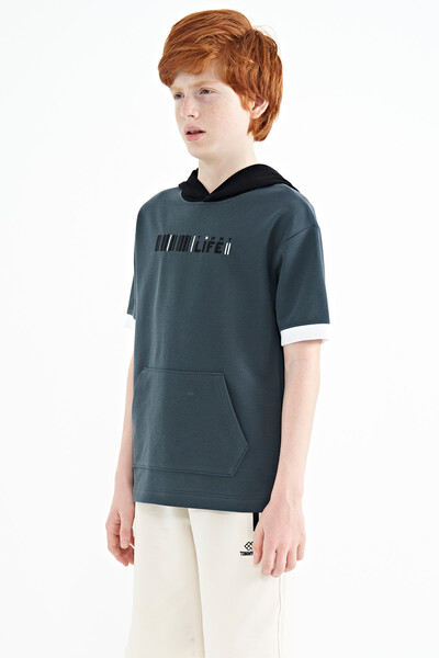 Tommylife Wholesale 7-15 Age Hooded Oversize Boys' T-Shirt 11148 Forest Green - Thumbnail