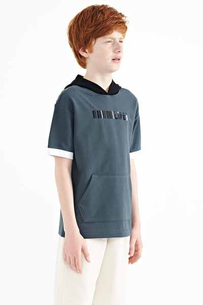 Tommylife Wholesale 7-15 Age Hooded Oversize Boys' T-Shirt 11148 Forest Green - Thumbnail