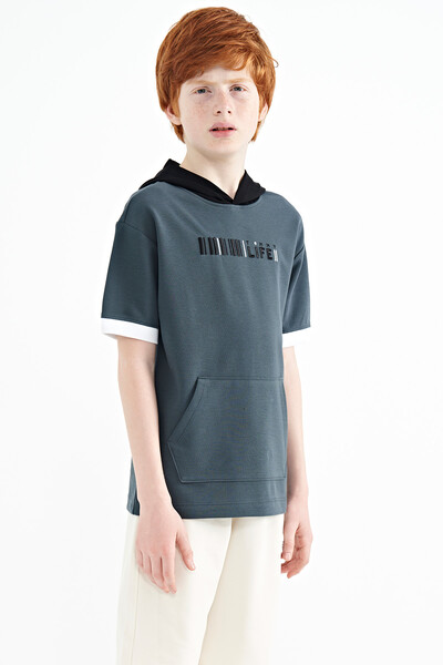Tommylife Wholesale 7-15 Age Hooded Oversize Boys' T-Shirt 11148 Forest Green - Thumbnail