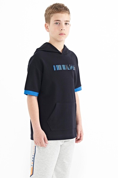 Tommylife Wholesale 7-15 Age Hooded Oversize Boys' T-Shirt 11148 Navy Blue - Thumbnail