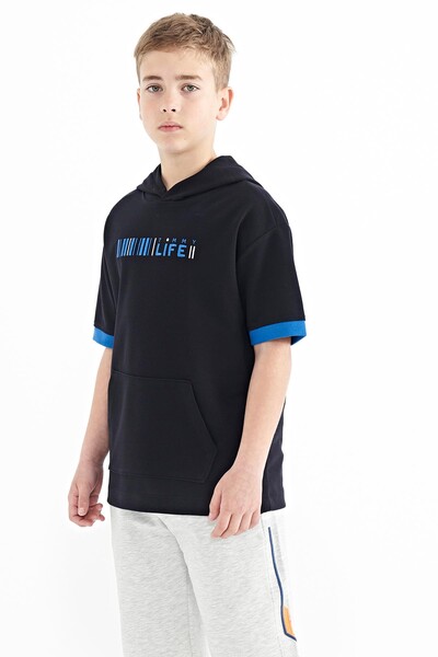 Tommylife Wholesale 7-15 Age Hooded Oversize Boys' T-Shirt 11148 Navy Blue - Thumbnail