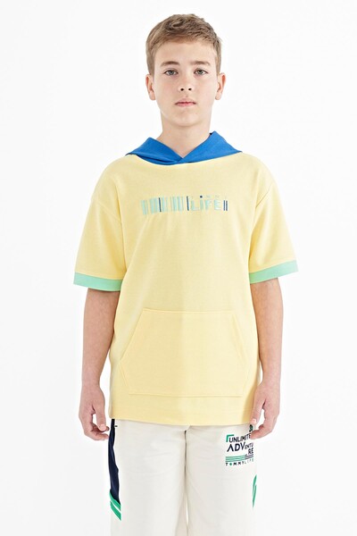 Tommylife Wholesale 7-15 Age Hooded Oversize Boys' T-Shirt 11148 Yellow - Thumbnail