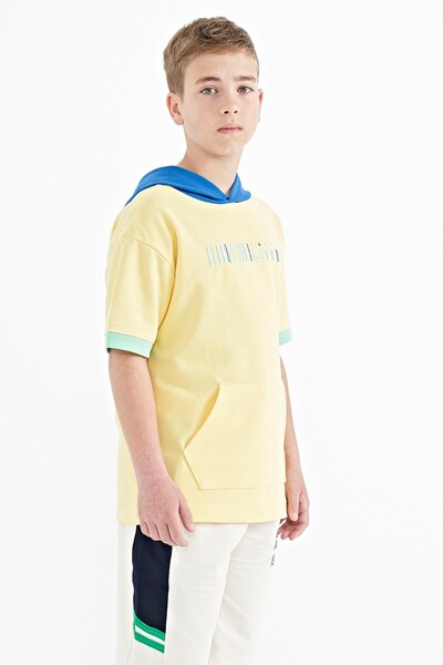 Tommylife Wholesale 7-15 Age Hooded Oversize Boys' T-Shirt 11148 Yellow - Thumbnail