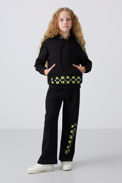 Tommylife Wholesale 7-15 Age Hooded Oversize Girls Tracksuit Set 75147 Black - Thumbnail