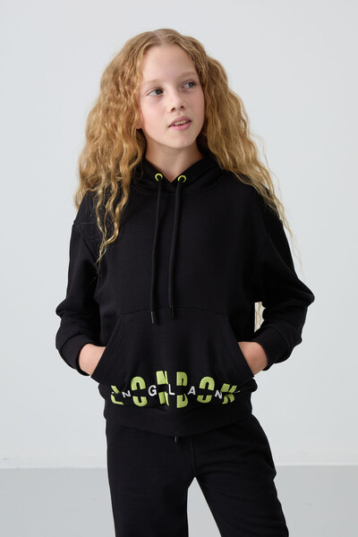 Tommylife Wholesale 7-15 Age Hooded Oversize Girls Tracksuit Set 75147 Black - Thumbnail