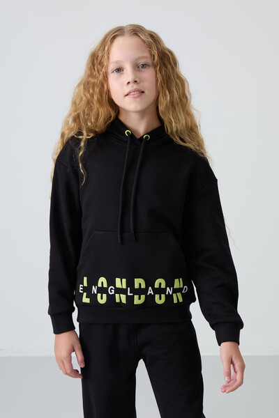 Tommylife Wholesale 7-15 Age Hooded Oversize Girls Tracksuit Set 75147 Black - Thumbnail