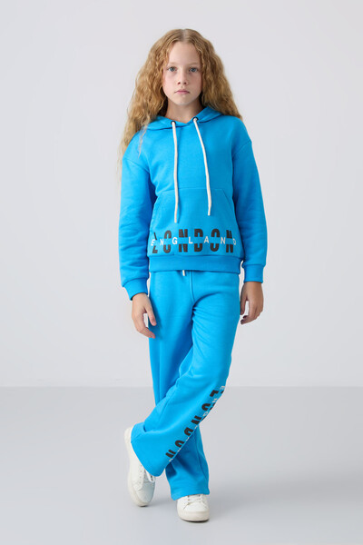 Tommylife Wholesale 7-15 Age Hooded Oversize Girls Tracksuit Set 75147 Blue - Thumbnail