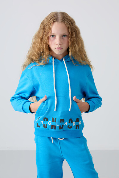 Tommylife Wholesale 7-15 Age Hooded Oversize Girls Tracksuit Set 75147 Blue - Thumbnail