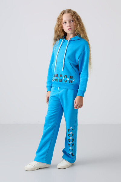 Tommylife Wholesale 7-15 Age Hooded Oversize Girls Tracksuit Set 75147 Blue - Thumbnail