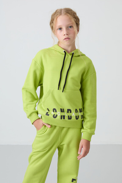 Tommylife Wholesale 7-15 Age Hooded Oversize Girls Tracksuit Set 75147 Lime Green - Thumbnail