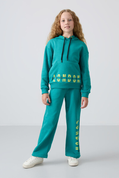 Tommylife Wholesale 7-15 Age Hooded Oversize Girls Tracksuit Set 75147 Sea Green - Thumbnail