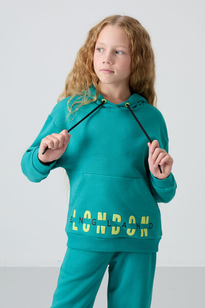 Tommylife Wholesale 7-15 Age Hooded Oversize Girls Tracksuit Set 75147 Sea Green - Thumbnail