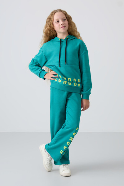 Tommylife Wholesale 7-15 Age Hooded Oversize Girls Tracksuit Set 75147 Sea Green - Thumbnail