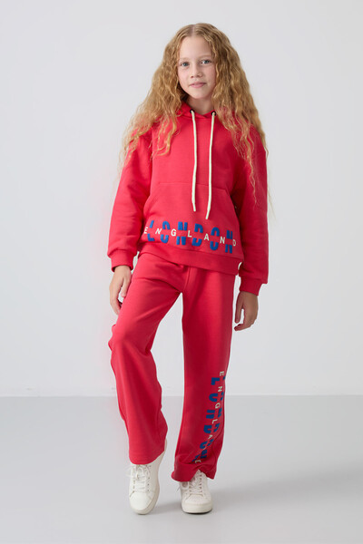 Tommylife Wholesale 7-15 Age Hooded Oversize Girls Tracksuit Set 75147 Viva Red - Thumbnail