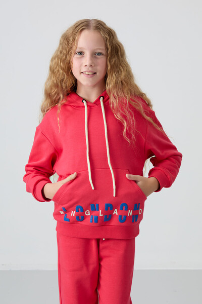 Tommylife Wholesale 7-15 Age Hooded Oversize Girls Tracksuit Set 75147 Viva Red - Thumbnail