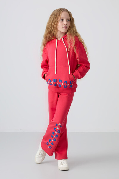 Tommylife Wholesale 7-15 Age Hooded Oversize Girls Tracksuit Set 75147 Viva Red - Thumbnail