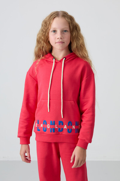 Tommylife Wholesale 7-15 Age Hooded Oversize Girls Tracksuit Set 75147 Viva Red - Thumbnail