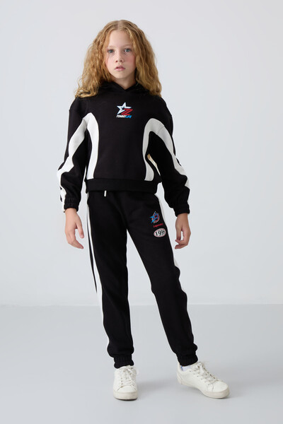 Tommylife Wholesale 7-15 Age Hooded Oversize Girls Tracksuit Set 75166 Black - Thumbnail