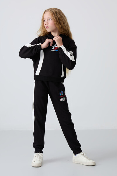 Tommylife Wholesale 7-15 Age Hooded Oversize Girls Tracksuit Set 75166 Black - Thumbnail