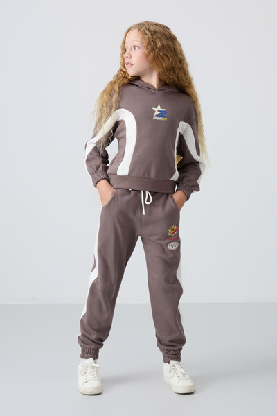 Tommylife Wholesale 7-15 Age Hooded Oversize Girls Tracksuit Set 75166 Brown - Thumbnail