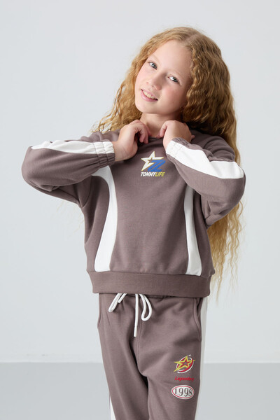 Tommylife Wholesale 7-15 Age Hooded Oversize Girls Tracksuit Set 75166 Brown - Thumbnail