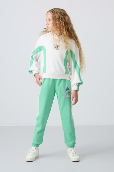 Tommylife Wholesale 7-15 Age Hooded Oversize Girls Tracksuit Set 75166 Ecru - Aqua Green - Thumbnail