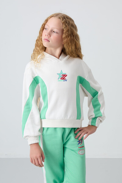 Tommylife Wholesale 7-15 Age Hooded Oversize Girls Tracksuit Set 75166 Ecru - Aqua Green - Thumbnail