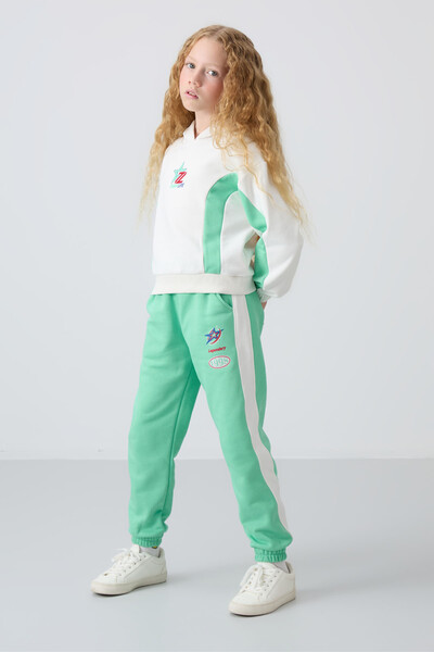 Tommylife Wholesale 7-15 Age Hooded Oversize Girls Tracksuit Set 75166 Ecru - Aqua Green - Thumbnail