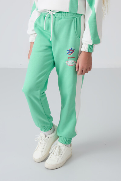 Tommylife Wholesale 7-15 Age Hooded Oversize Girls Tracksuit Set 75166 Ecru - Aqua Green - Thumbnail