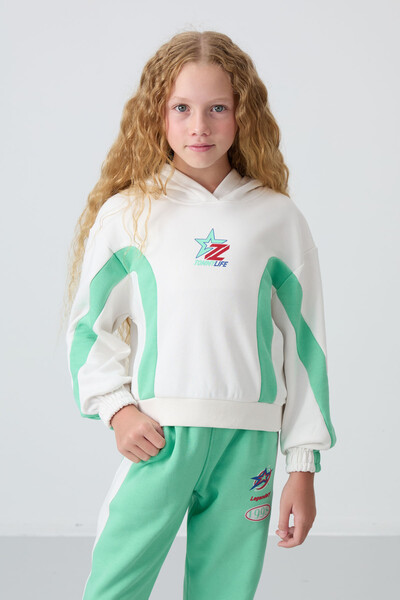 Tommylife Wholesale 7-15 Age Hooded Oversize Girls Tracksuit Set 75166 Ecru - Aqua Green - Thumbnail