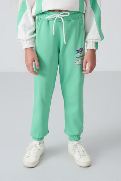 Tommylife Wholesale 7-15 Age Hooded Oversize Girls Tracksuit Set 75166 Ecru - Aqua Green - Thumbnail